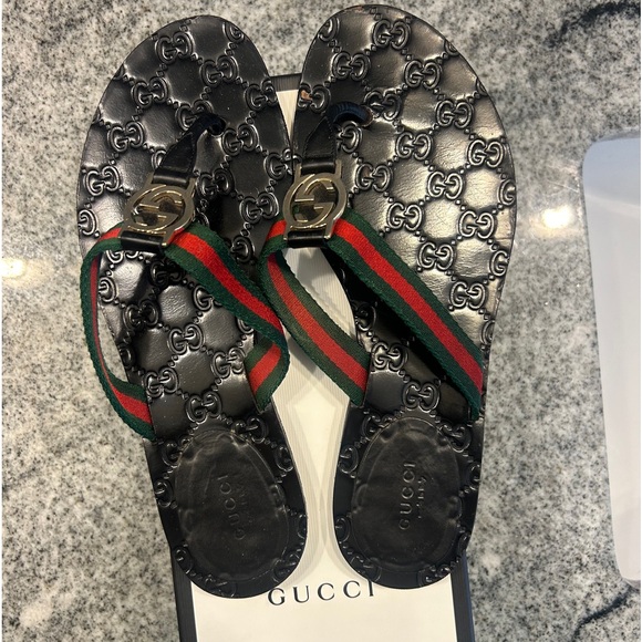 Gucci Shoes - Gucci Black Sandals with Red and Green Straps